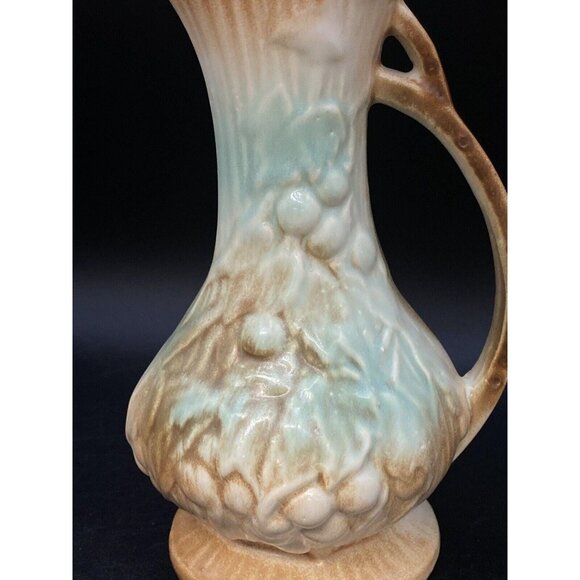 McCoy Pottery Footed Pitcher Vase Aqua Blue Brown Leaves Grape Vine Vintage - Picture 9 of 9
